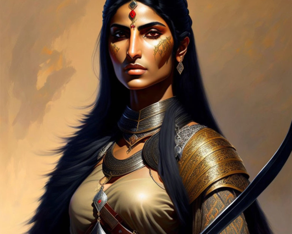 Digital artwork of fierce woman in traditional Indian warrior attire with sword