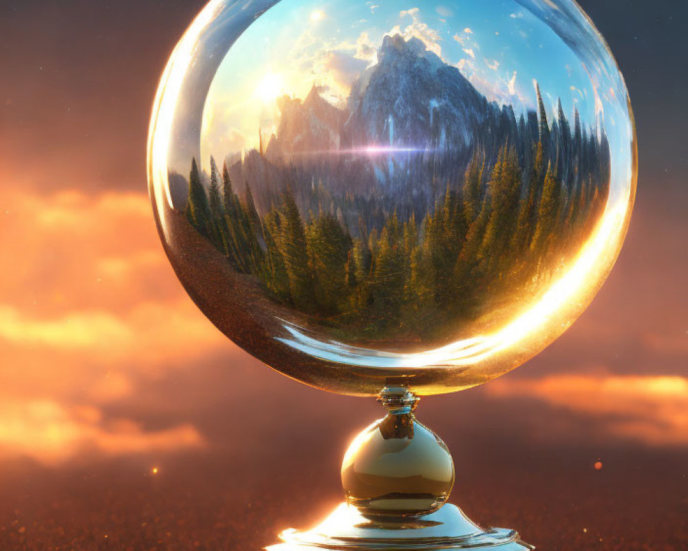 Crystal ball on stand reflects mountains and trees under golden sky with lens flare.