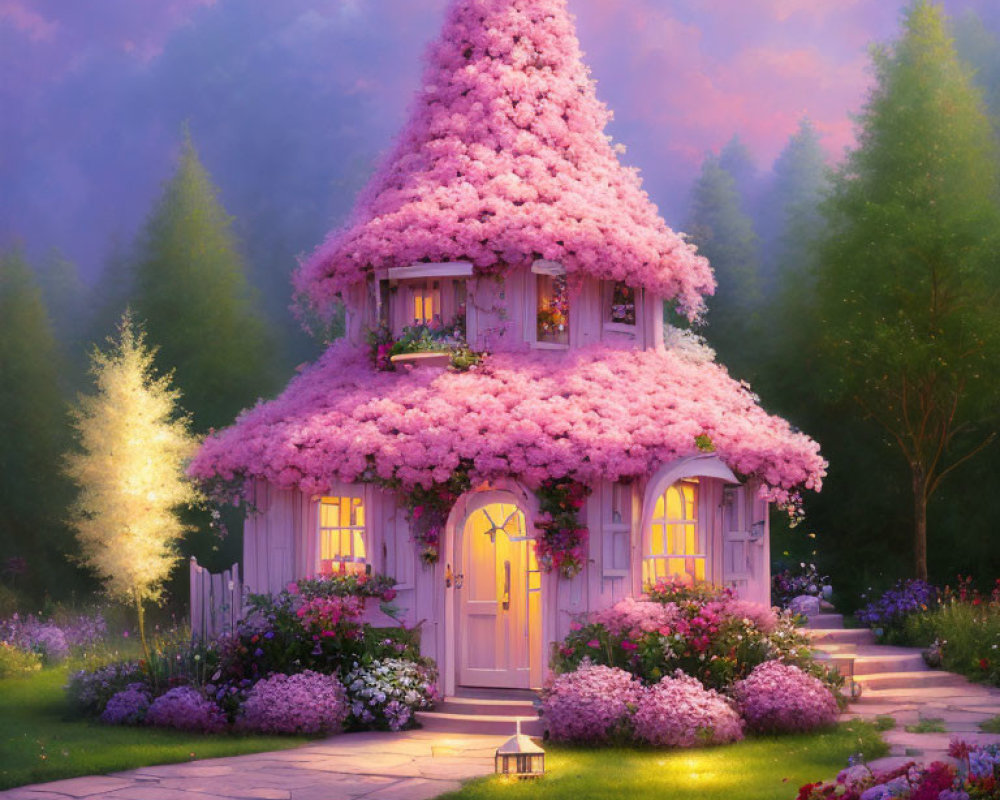 Charming two-story cottage with conical roof and pink blossoms garden