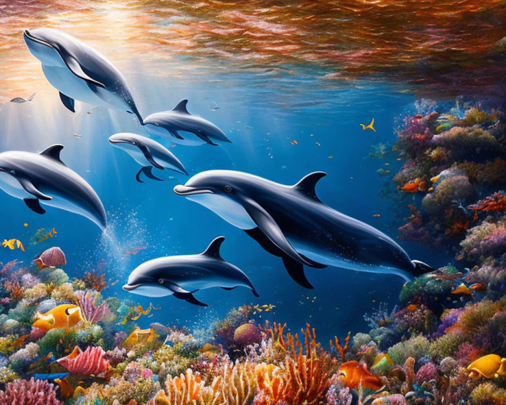 Dolphins Swimming Near Colorful Coral Reefs at Sunset