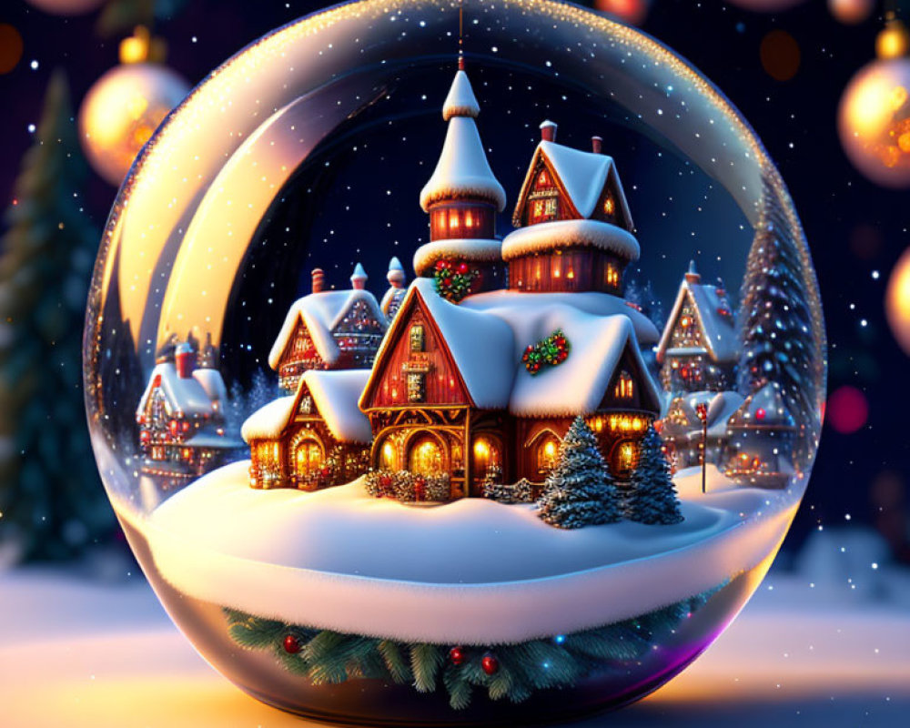 Snow globe winter scene with snow-covered houses and falling snowflakes