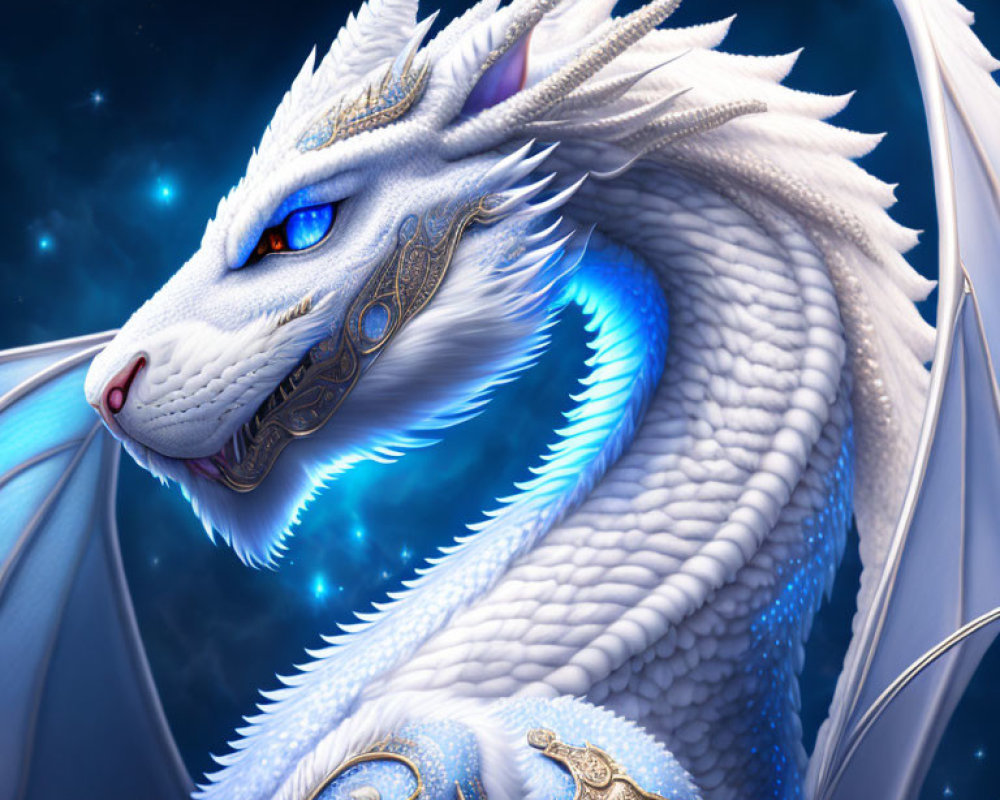 White Dragon in Golden Armor on Starry Night Sky