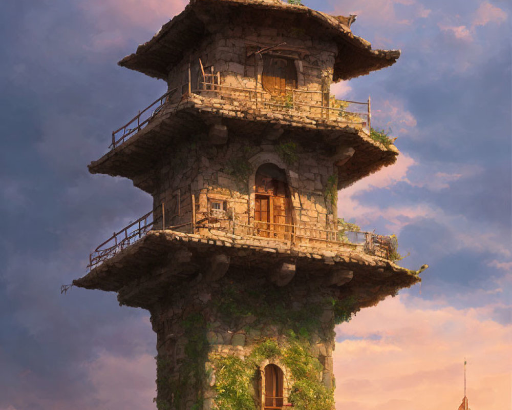 Ancient stone pagoda with wooden balconies under warm sunset