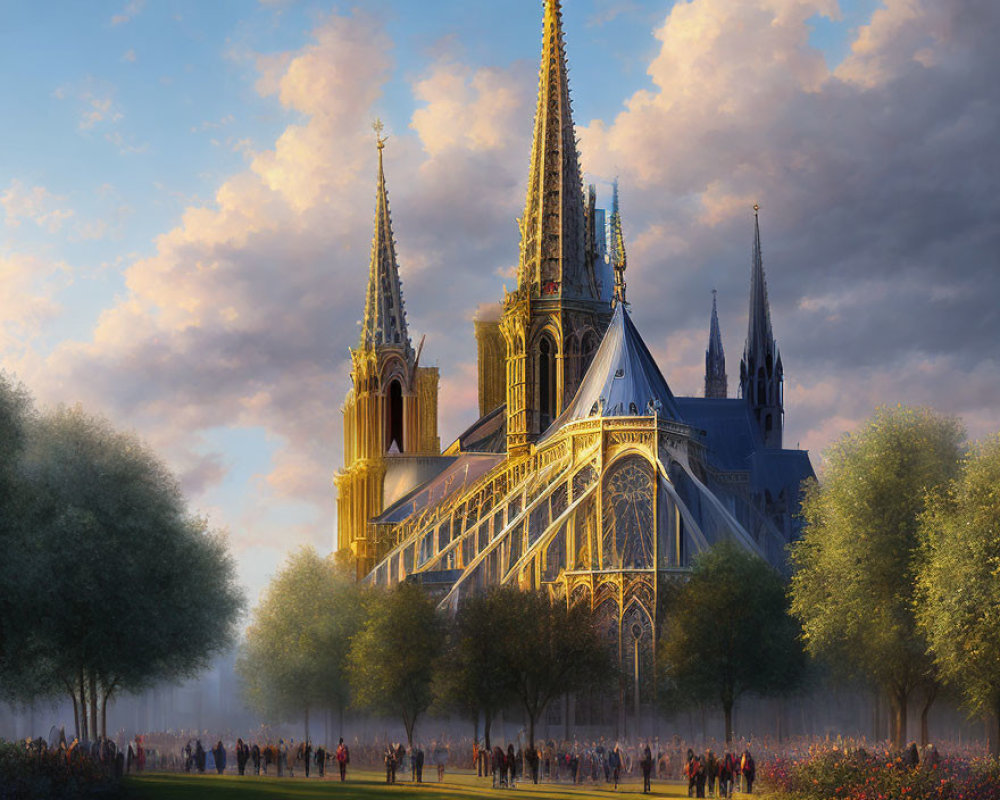 Gothic cathedral illustration at sunset with people and lush greenery