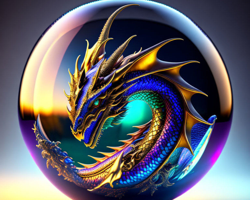 Metallic dragon in glossy orb on gradient background