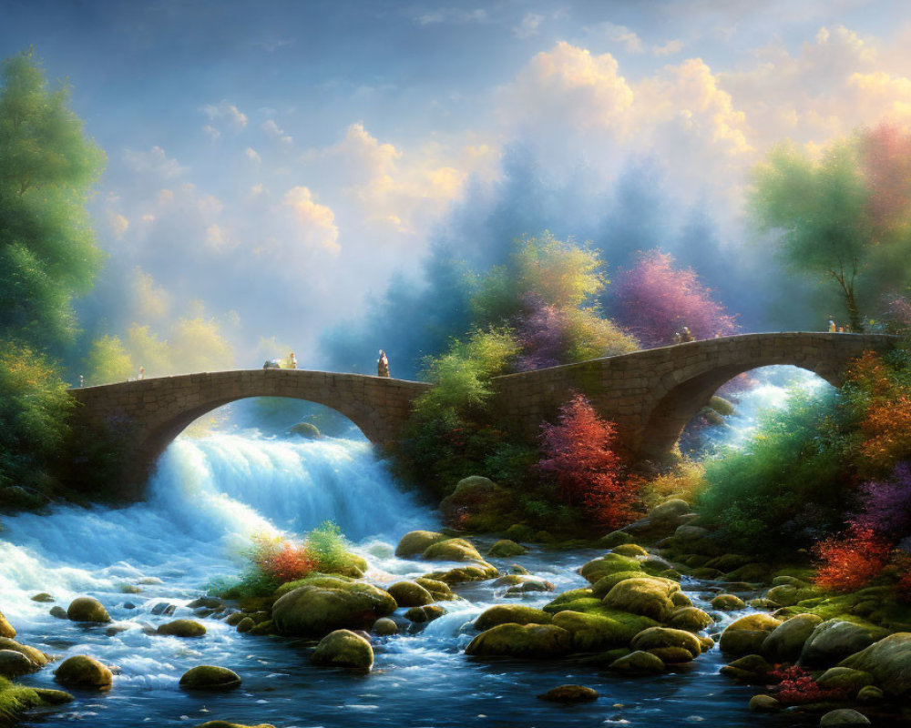 Stone bridge over cascading river in lush, misty landscape