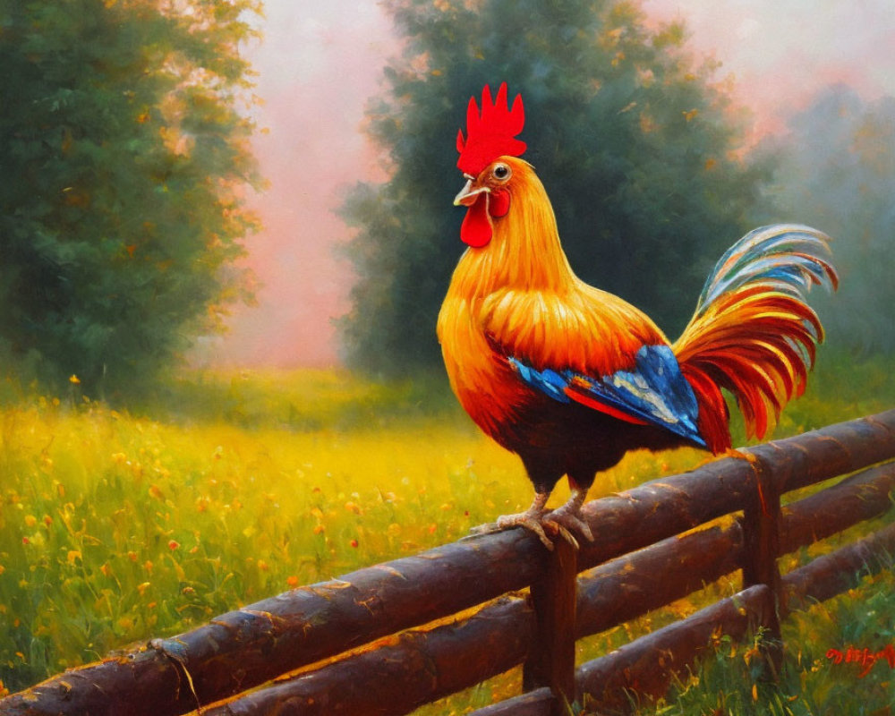 Colorful Rooster Perched on Wooden Fence in Lush Green Meadow