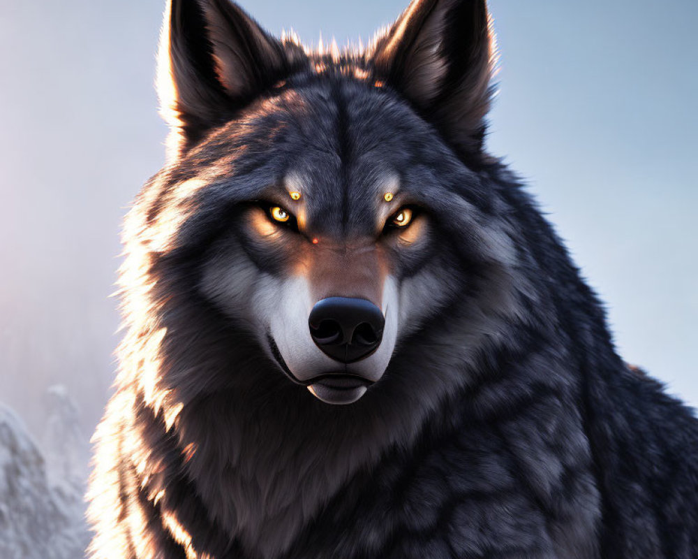 Realistic Wolf Head Digital Illustration with Yellow Eyes and Gray Fur against Winter Background