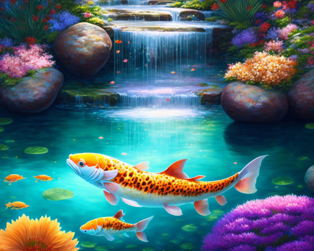 Colorful digital artwork of koi fish in flower-lined pond