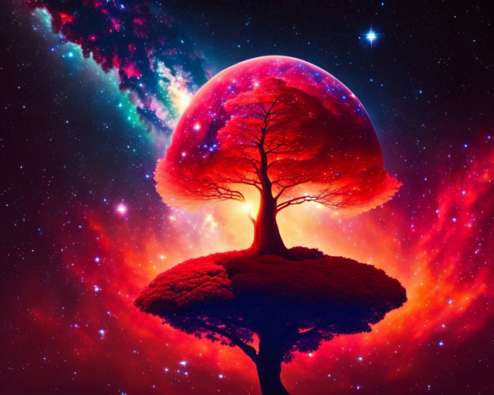 Surreal image: Vibrant red tree against cosmic stars