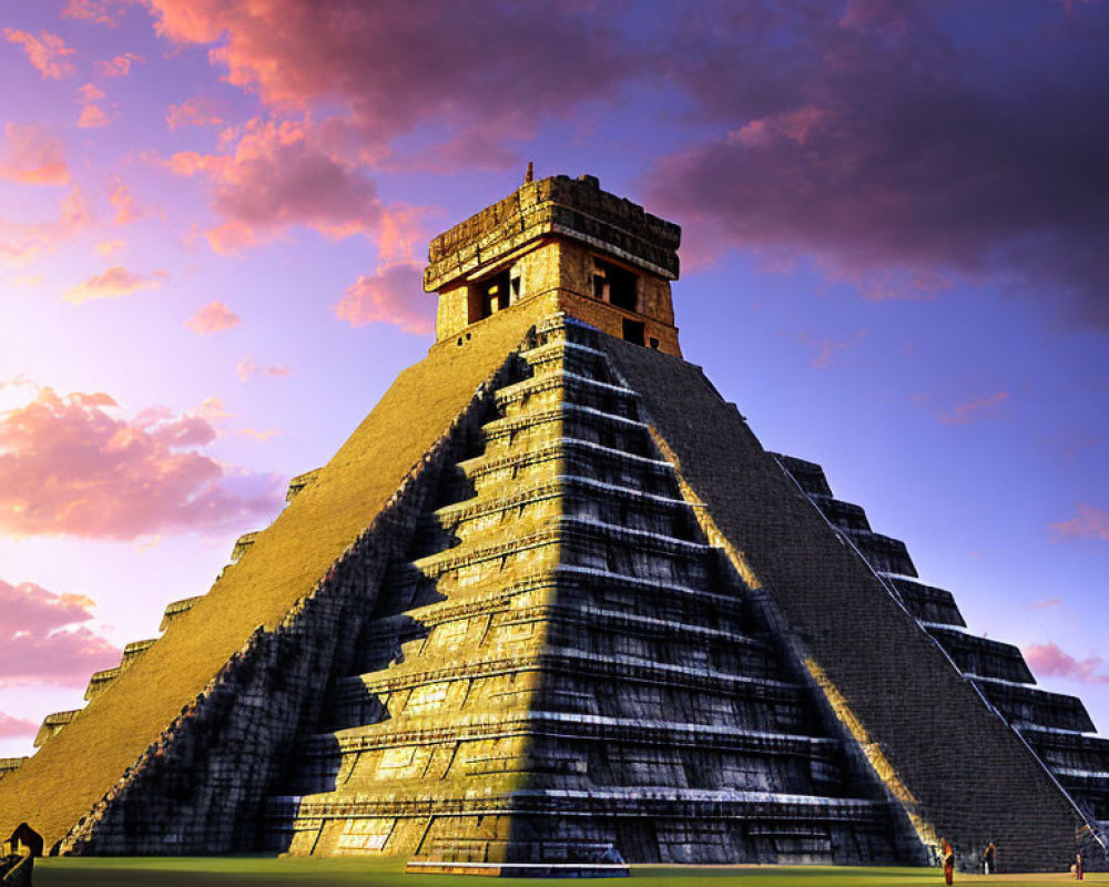 Ancient El Castillo pyramid at Chichen Itza against vibrant sunset sky.