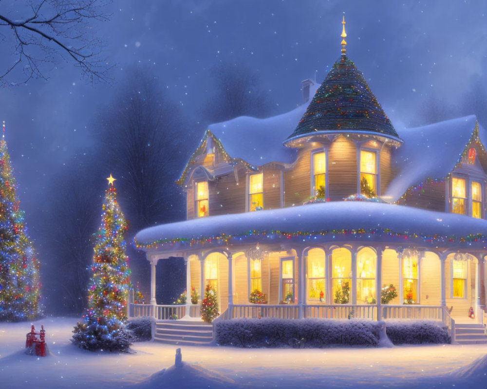 Festive Christmas decorations on illuminated two-story house in snow-covered twilight