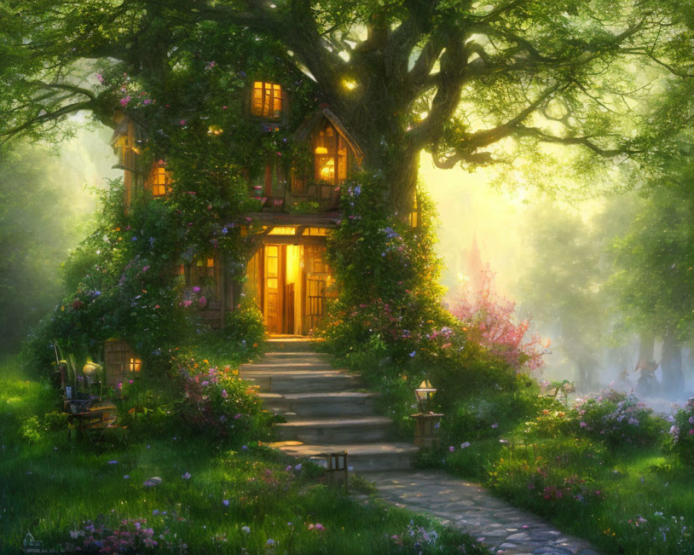 Charming cottage in lush greenery with blooming flowers and gentle light