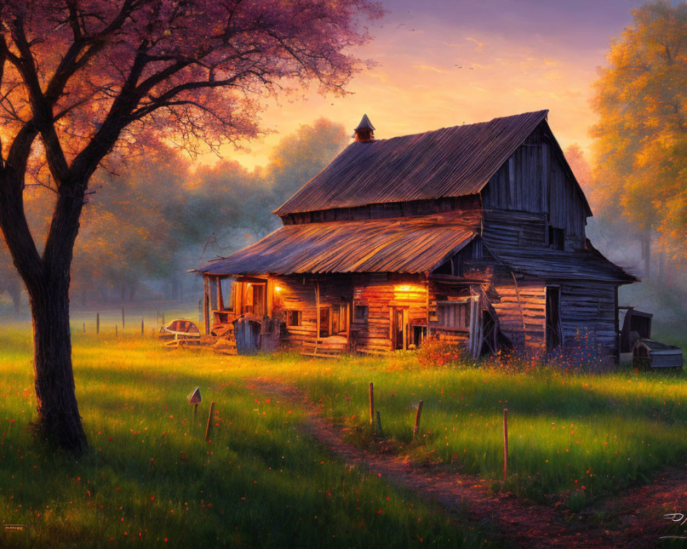 Rustic wooden cabin in serene forest clearing at sunset