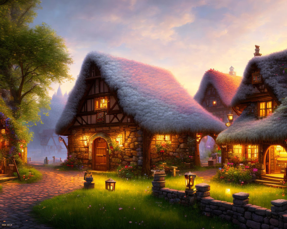 Tranquil fantasy village with thatched-roof cottages and cobblestone path