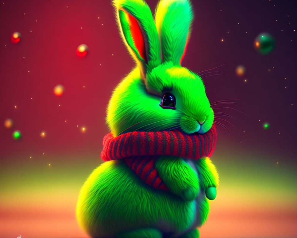 Colorful Neon Green Bunny with Striped Scarf and Floating Orbs