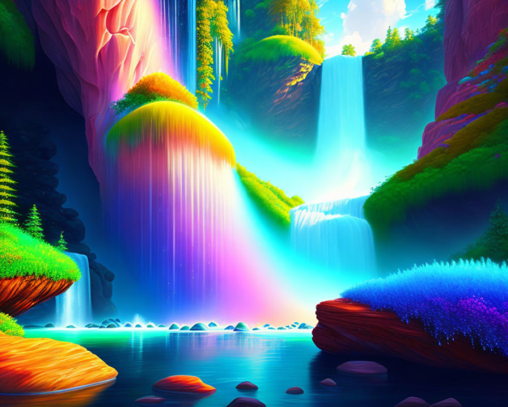 Colorful Digital Art: Mystical Waterfall with Neon Colors