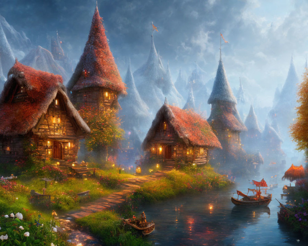 Serene Twilight Fantasy Village with Thatched-Roof Cottages