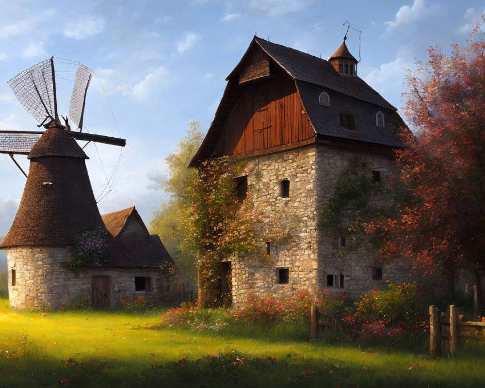 Tranquil countryside landscape with stone mill and windmill amid lush greenery