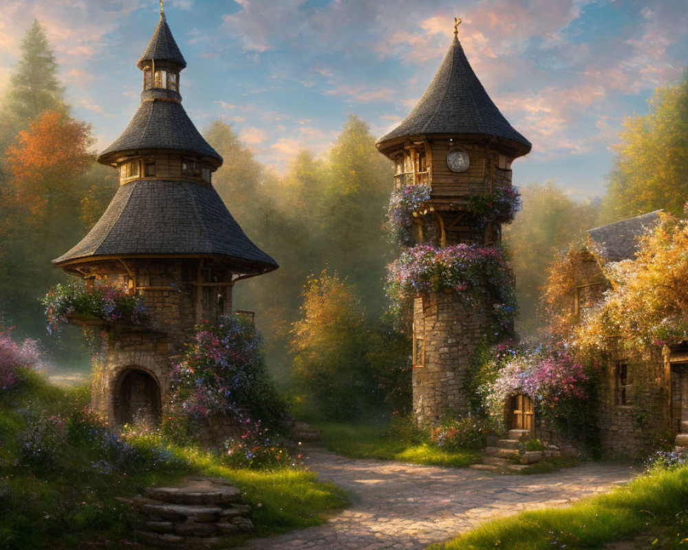 Stone towers with pointed roofs and blooming flowers in a sunlit forest glade