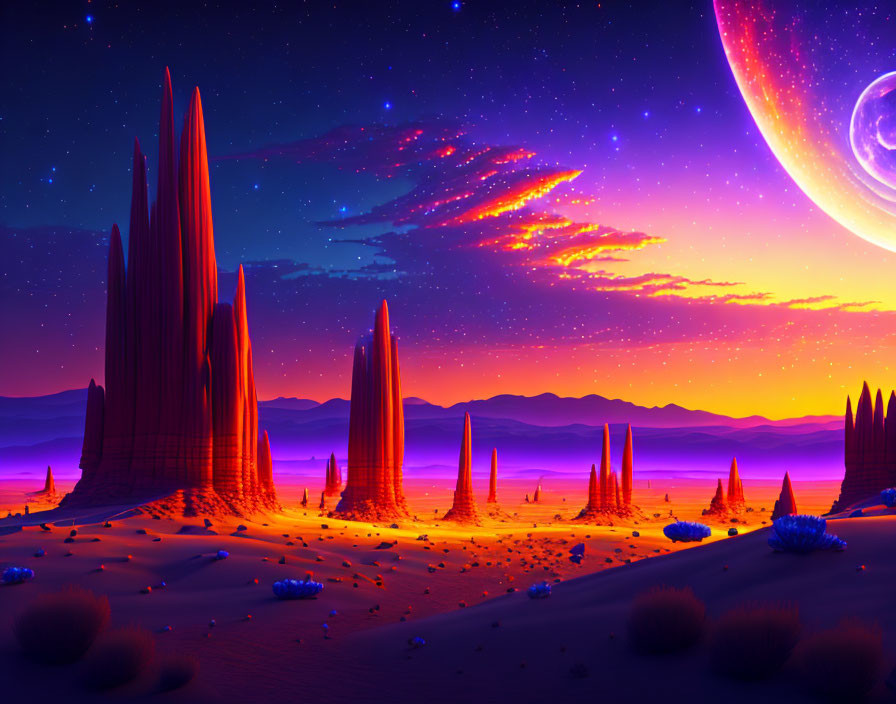 Colorful alien desert landscape: sunset, towering rock formations, starry sky, large planet