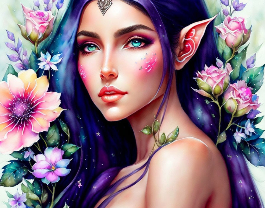 Female fantasy illustration with pointed ears, green eyes, vibrant flowers, and starry body art