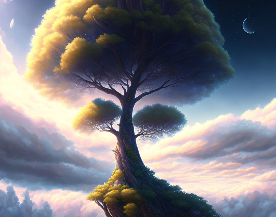 Whimsical tree with lush canopies under enchanting night sky