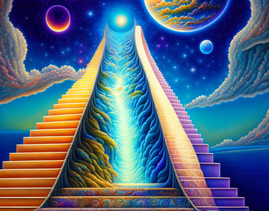 Colorful surreal image: Staircase to starry sky with celestial bodies