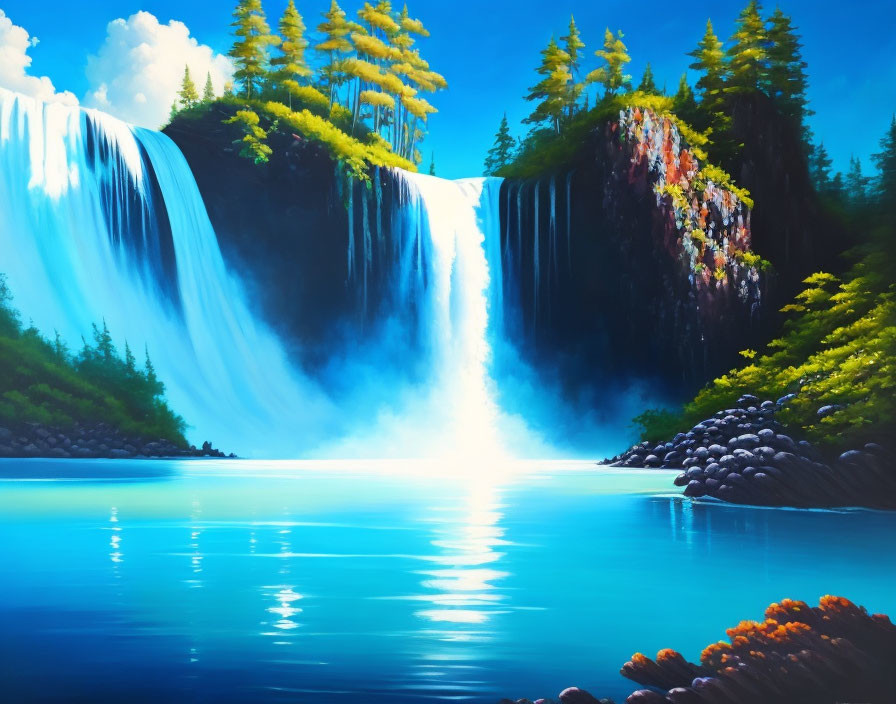 Scenic waterfall painting with lush greenery and pine trees