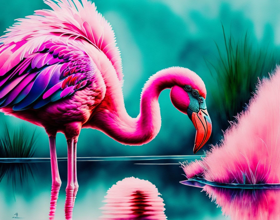 Pink flamingo illustration with reflection and lush foliage in vibrant setting