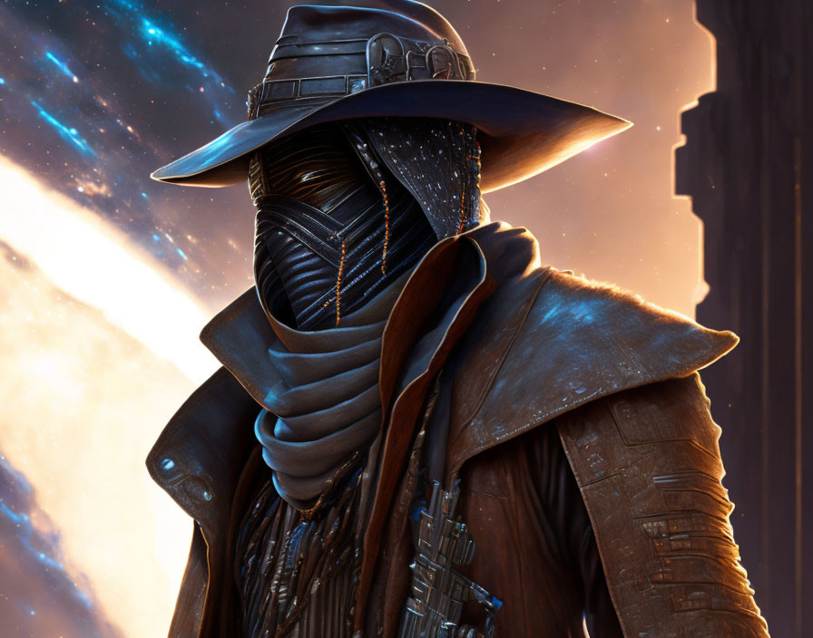 Mysterious figure in space-themed setting with western hat and futuristic mask