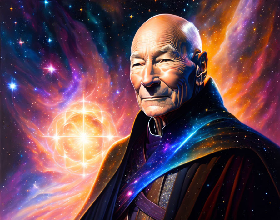 Bald man in futuristic outfit smiling against galaxy backdrop