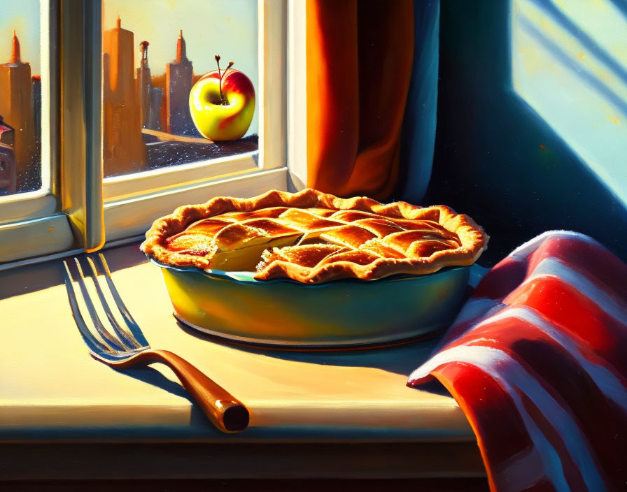 Freshly Baked Pie with Apple on Windowsill and Cityscape Background