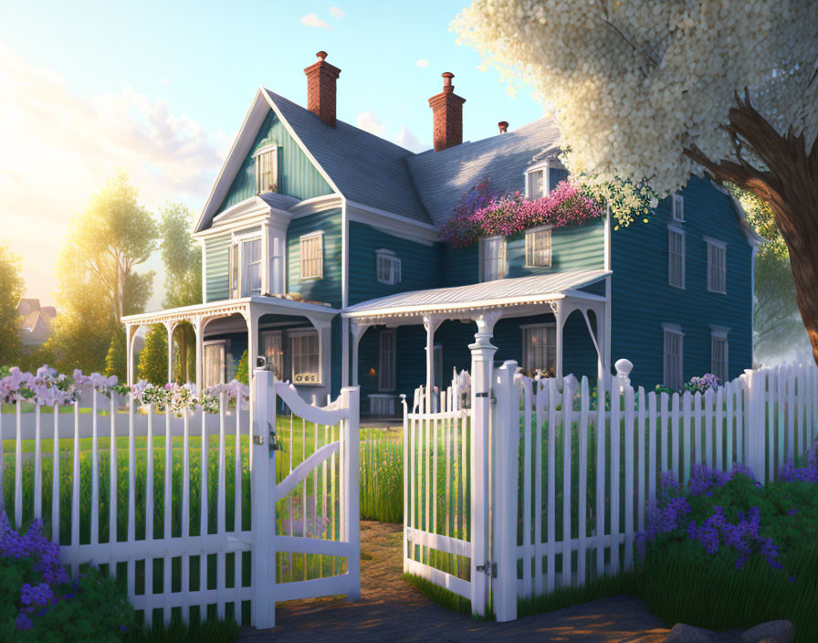 Blue two-story house with white trim, porch, picket fence, and blooming flowers in soft