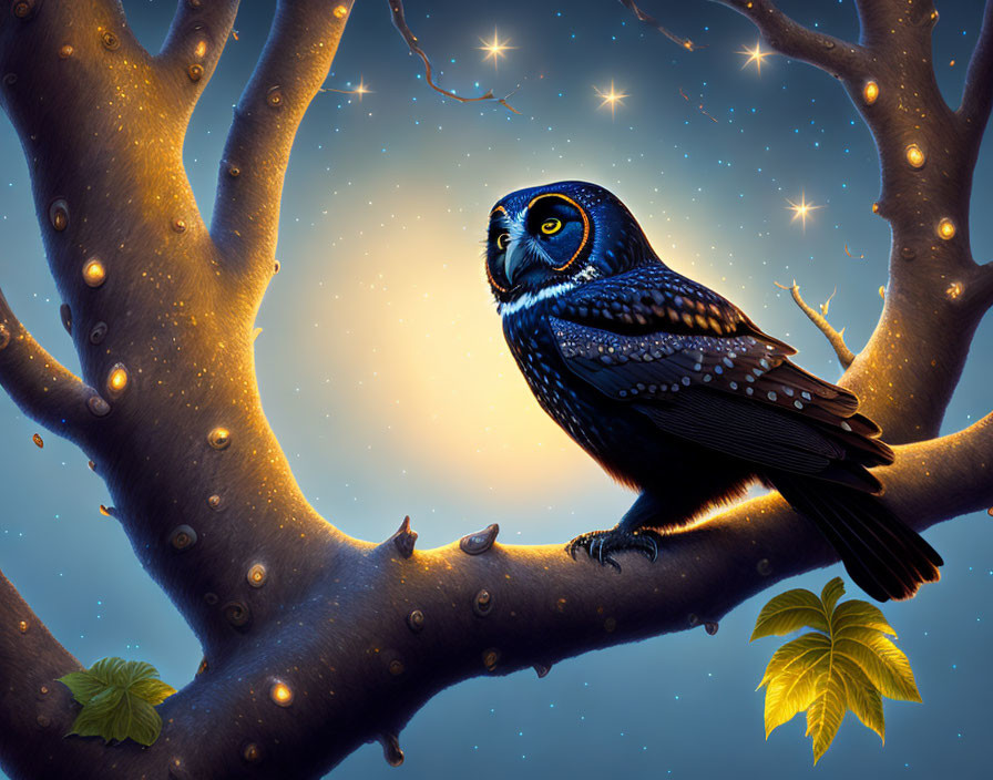 Majestic owl on twilight-lit tree branch with glowing buds and stars