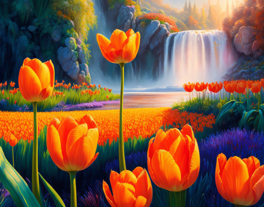 Scenic orange tulip field with waterfall, purple flowers, and lush greenery