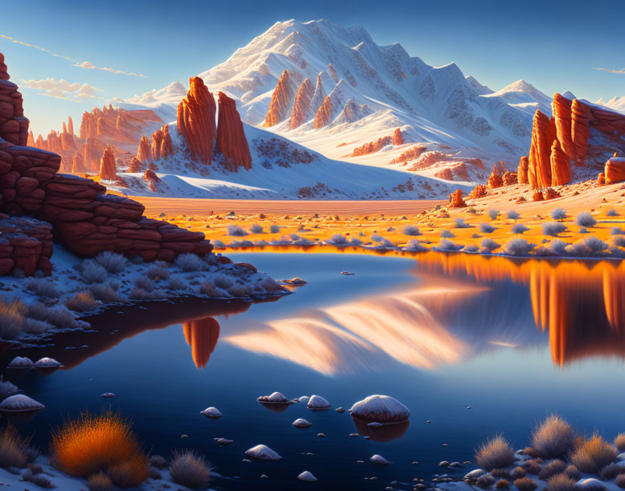 Snow-capped mountains and red rock formations mirrored in desert lake