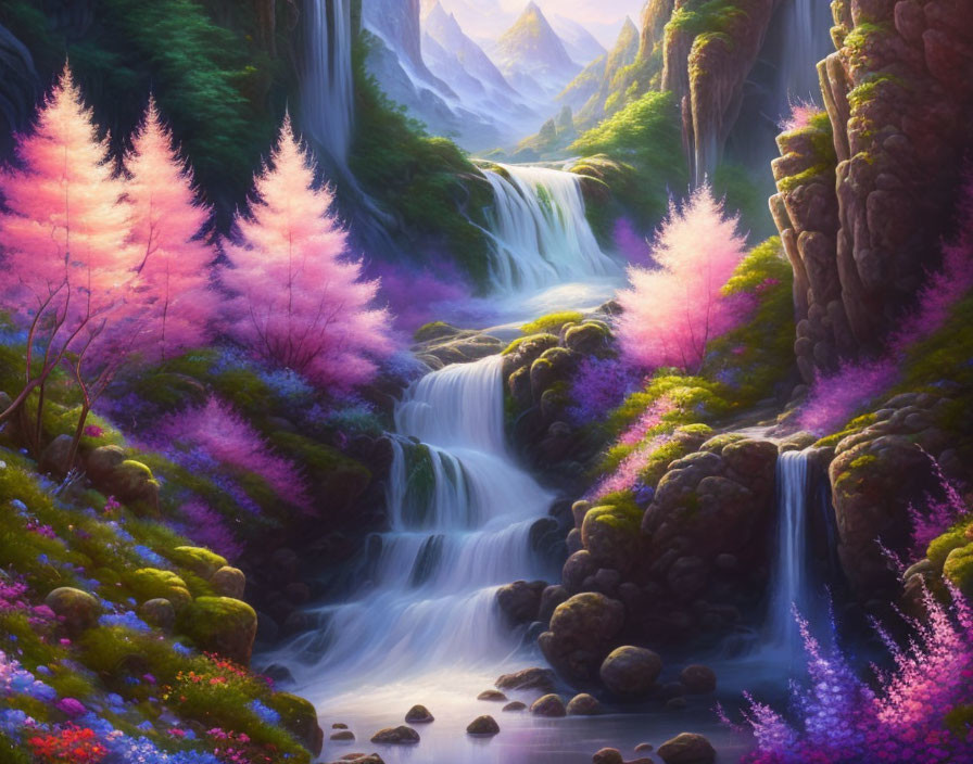 Tranquil waterfall scene with pink trees under twilight sky