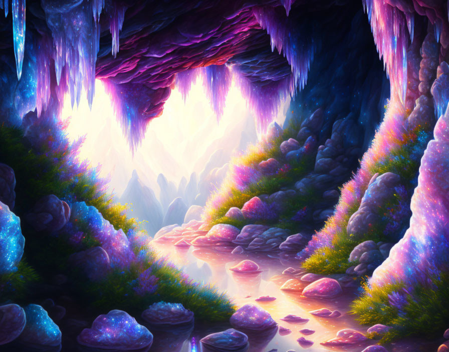 Fantasy cave with glowing purple flora, crystalline formations, and tranquil stream