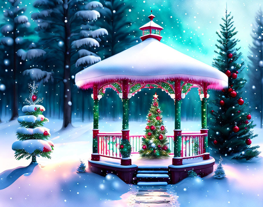 Snow-covered gazebo in festive winter forest scene