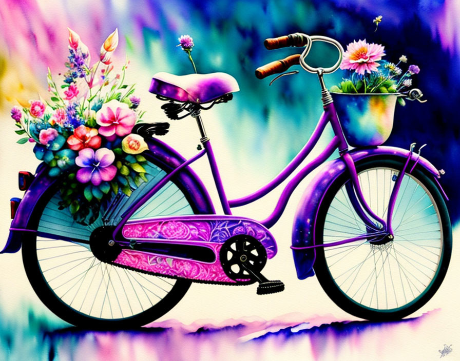 Colorful Purple Bike Illustration with Floral Pattern and Flower Baskets