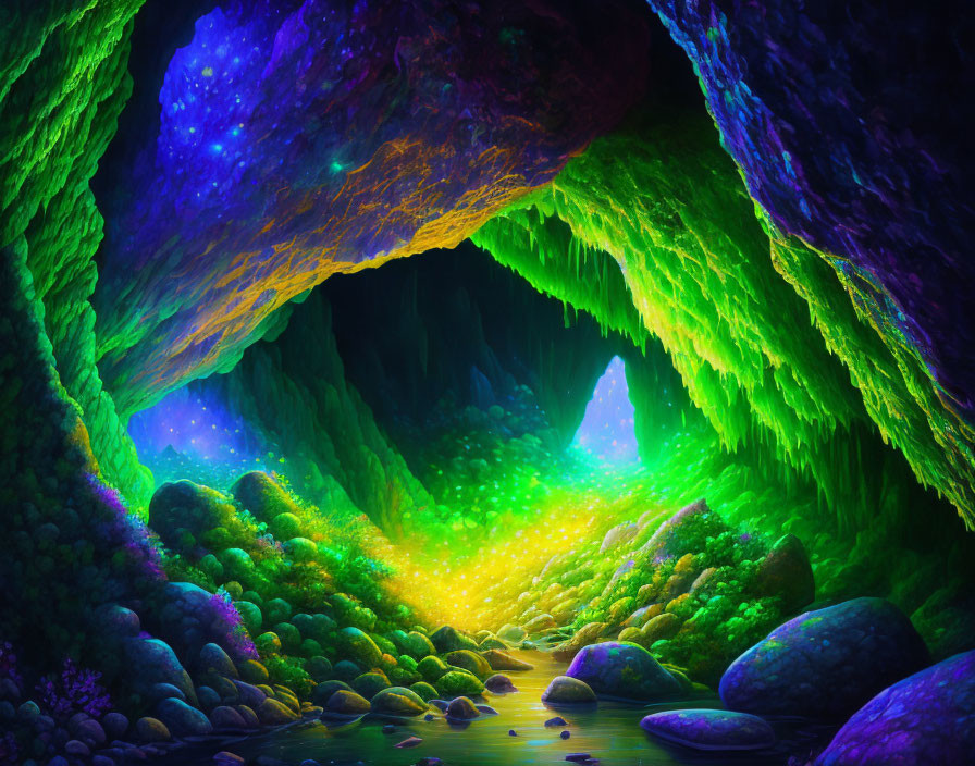 Colorful Cave with Glowing Crystals in Blue, Green, and Yellow