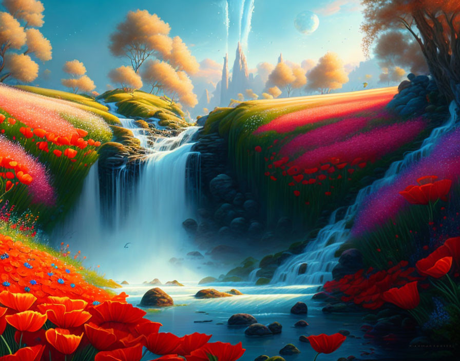 Colorful Waterfall and Castle in Fantasy Landscape