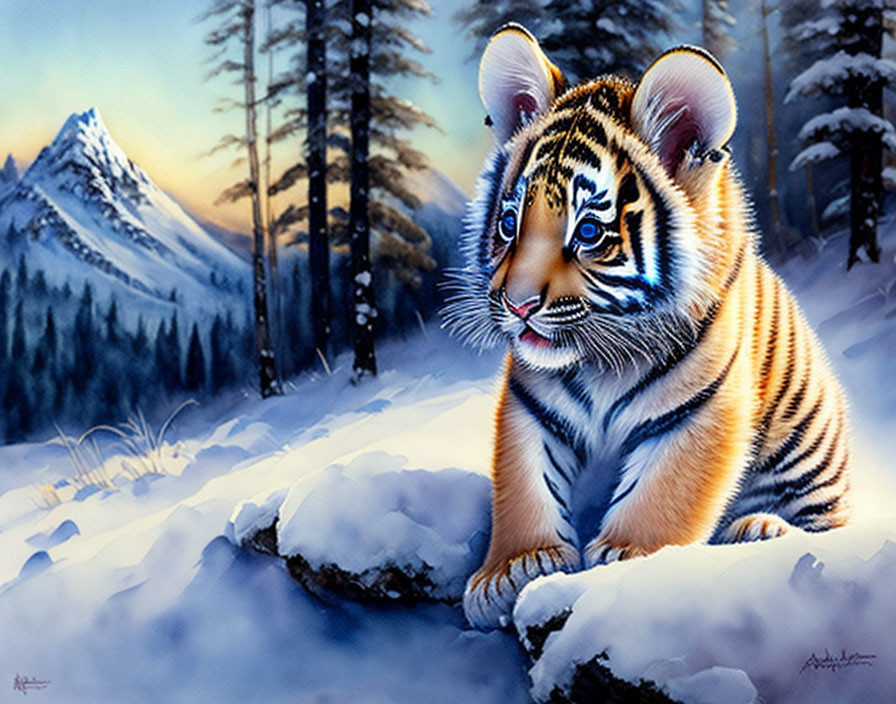 Young Tiger Cub Resting on Snowy Ground with Fir Trees and Mountain Range at Twilight