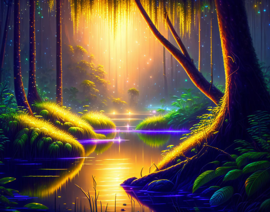 Vibrant mystical forest with radiant beams of light illuminating serene river