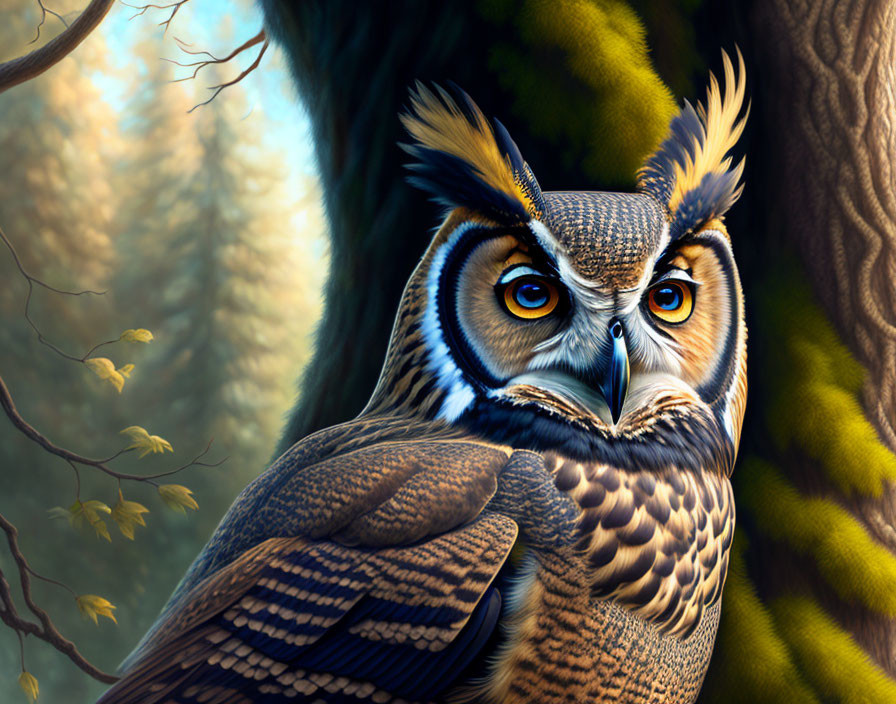 Detailed Great Horned Owl Perched on Tree Branch in Warm Forest Setting