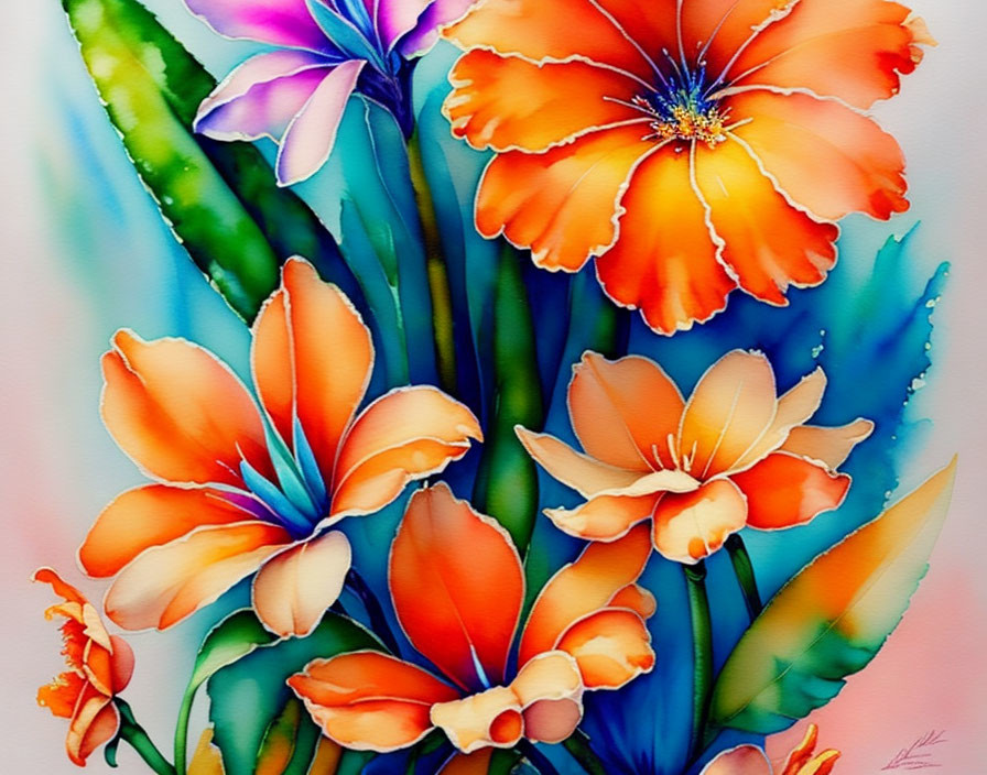 Colorful Watercolor Painting of Orange and Peach Flowers with Green Leaves