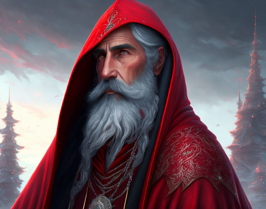 Elderly man with white beard in red cloak under twilight sky