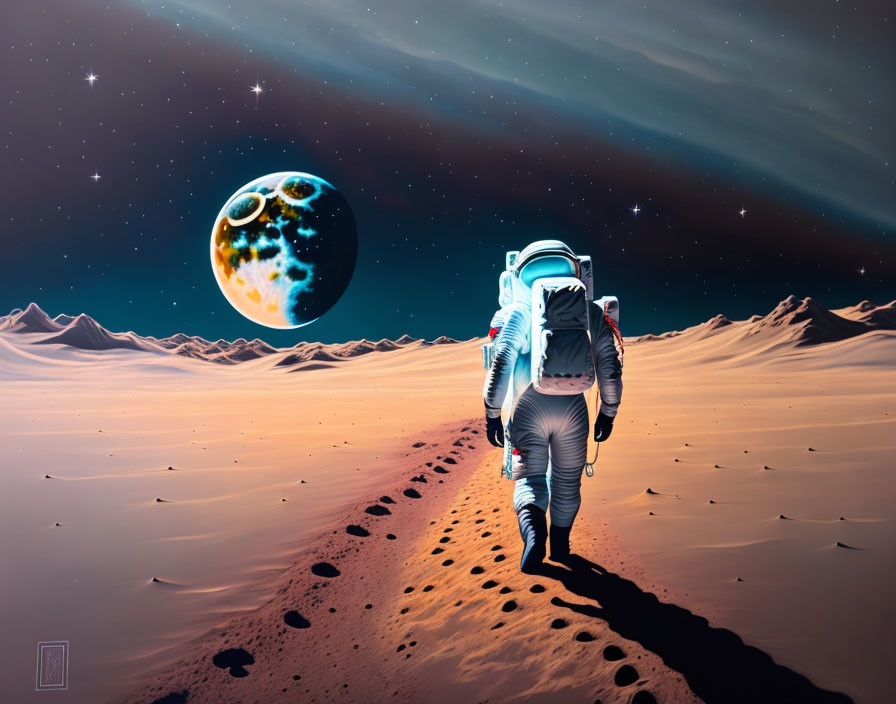 Astronaut walking on rocky landscape under starry sky