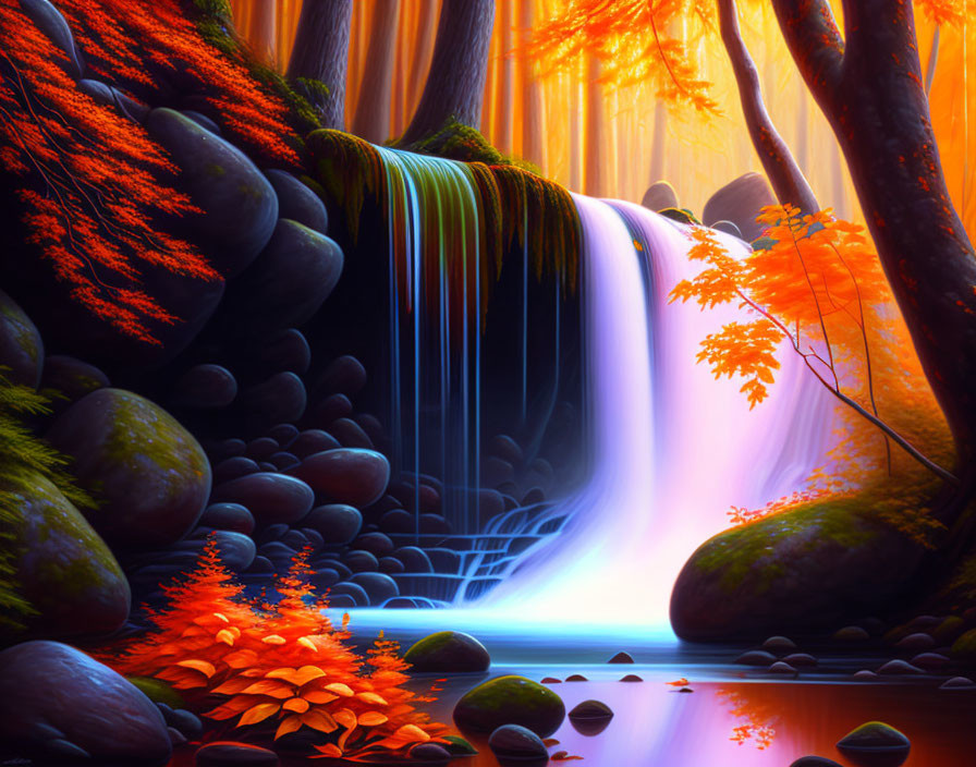 Tranquil waterfall scene with autumn trees and blue pool